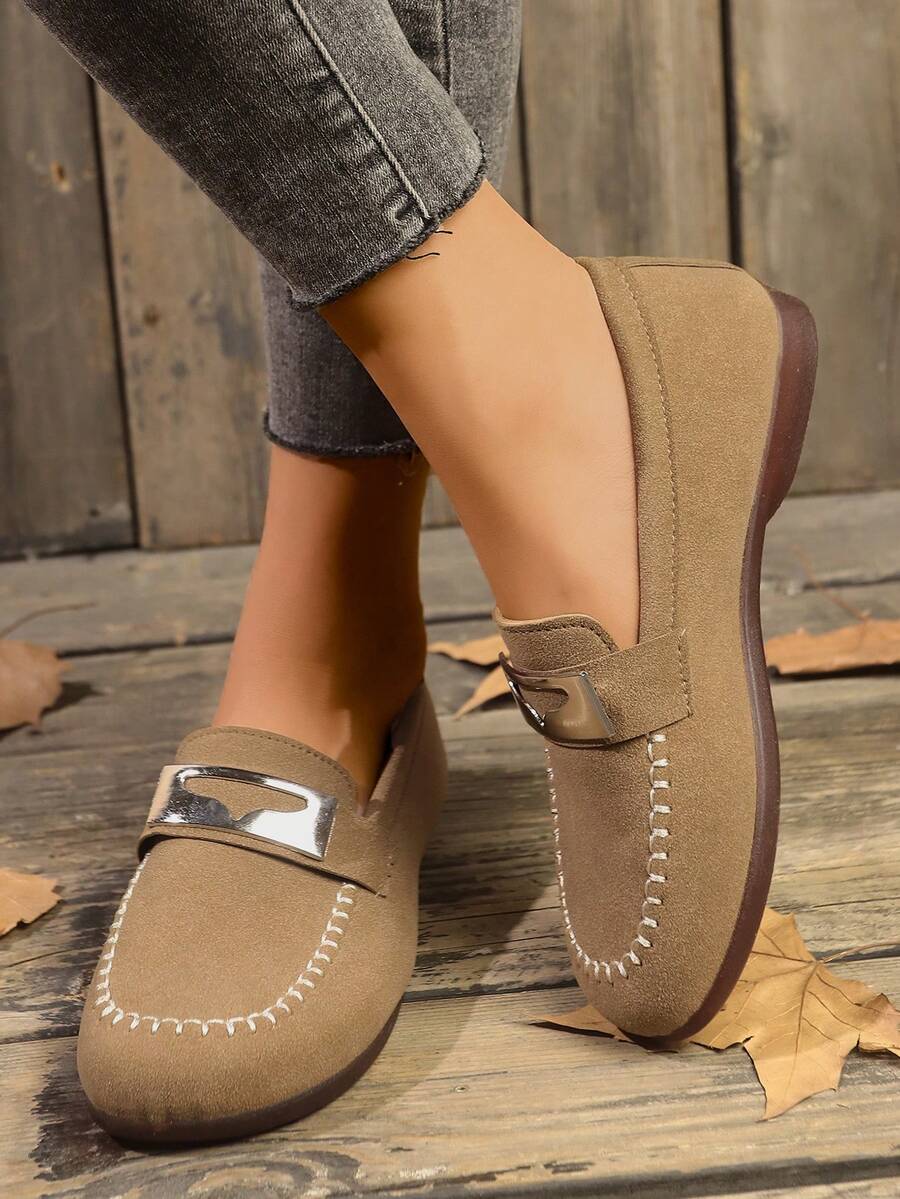 Women's Round Toe Metal Buckle Work Shoes, Casual Breathable Minimalist