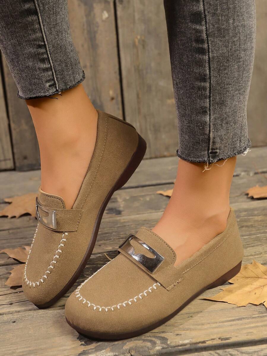 Women's Round Toe Metal Buckle Work Shoes, Casual Breathable Minimalist