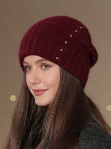 1pc Women's Thick Knit Double Layer Faux Pearl Beanie Hat Warm Ear Muff Cap, Winter
