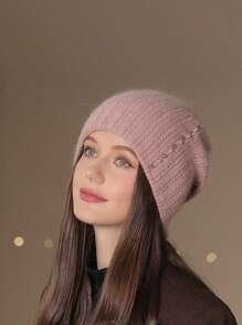 1pc Women's Thick Knit Double Layer Faux Pearl Beanie Hat Warm Ear Muff Cap, Winter