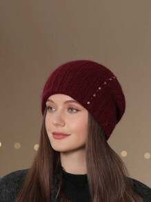 1pc Women's Thick Knit Double Layer Faux Pearl Beanie Hat Warm Ear Muff Cap, Winter
