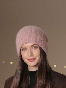 1pc Women's Thick Knit Double Layer Faux Pearl Beanie Hat Warm Ear Muff Cap, Winter