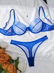 女性網眼透視性感內衣套裝 - 藍色 - 查看 7