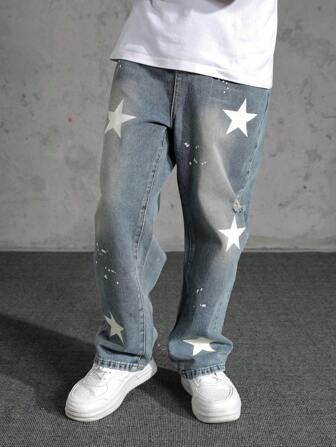 Teen Boy Spring & Autumn Ripped Retro All-Match Washed Denim Jeans With Pentagram Graffiti, Loose Casual Straight Leg Pants