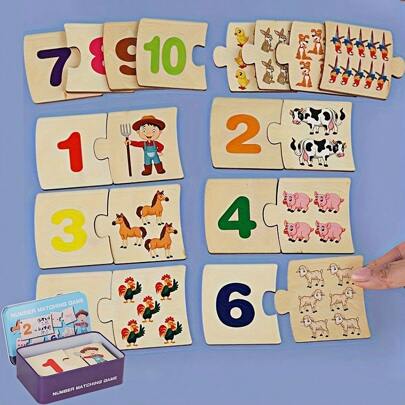 Montessori Frühes Lernen Holz Ziffern Zuordnungs- und Zählpuzzle Spiel für 3-6 Jährige, zweisprachiges Set mit englischen Ziffern & Tierbildern Lernbrett, Metallbox Numeral Lern-Paar-Arithmetik Stäbe, Vorschul Mathematik Lernspielzeug
