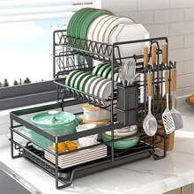 Dish Drying Rack, 3 Tier Large Capacity Drainer Rack With Removable Drip Tray, Stainless Steel Kitchen Dish Drainer With A Cutlery Holder - Black - View 6