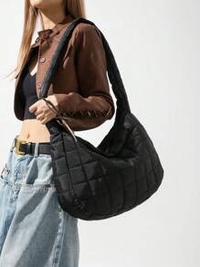 Túi đeo vai kẻ caro màu trơn thời trang, Túi đeo hông có khóa kéo dung tích lớn - màu đen - Xem 1
