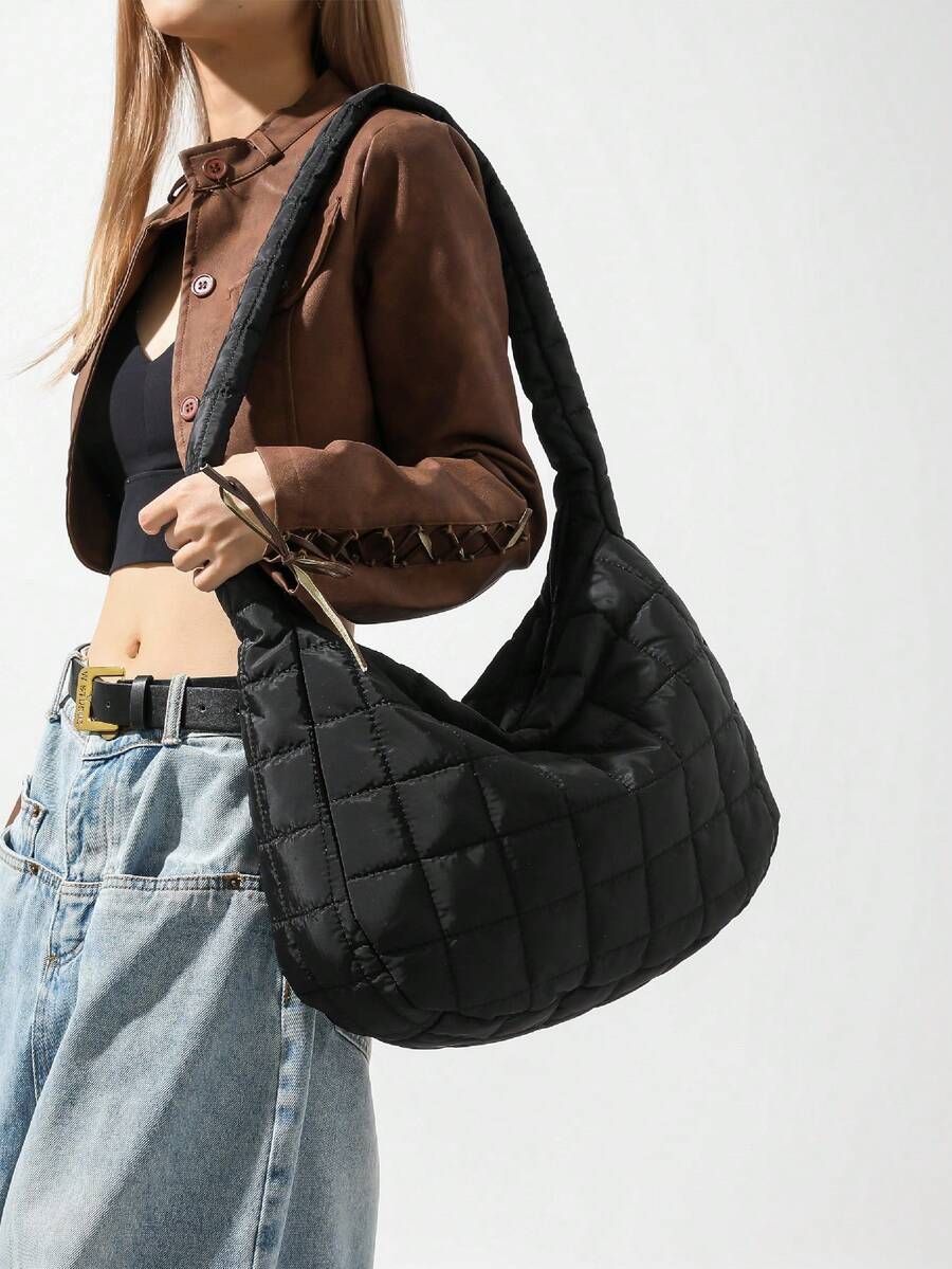 Túi đeo vai kẻ caro màu trơn thời trang, Túi đeo hông có khóa kéo dung tích lớn - màu đen - Xem 1