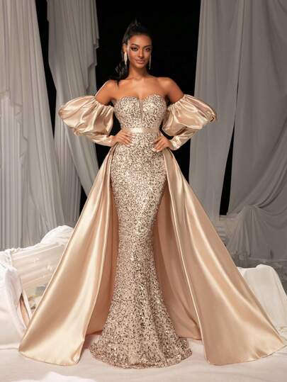 Faeriesty فستان سهرة رسمي لحفلات البروم ذو أكمام منتفخة وذيل من القطيفة والترتر، فستان زفاف أنيق لحفلات الزفاف والسهرات الراقية، مناسب لضيوف الزفاف والتخرج والعشاء