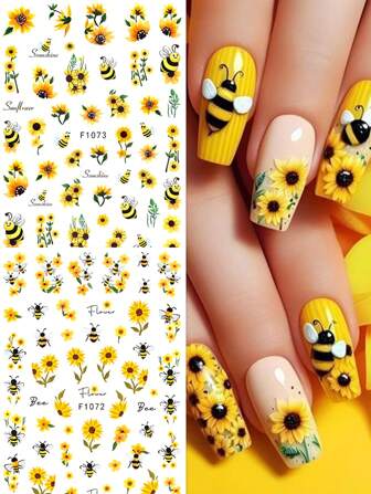 2pcs/Set Cartoon Sunflower, Hardworking Bee, Butterfly Nail Art Stickers, Self-Adhesive, One-Time Use, Decoration For Women & Girls, Applicable For Spring, Summer, Autumn