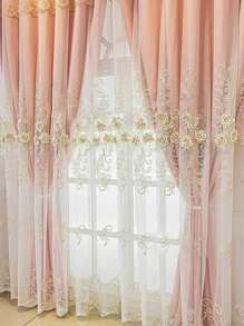 1pc Flower Decor Double Layer Single Panel Blackout Curtain Polyester Curtain For Living Room Window And Bedroom Festival Decor For All Season - Pink - View 8