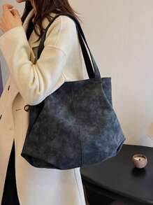 1 件复古女士手提包，大容量仿旧软皮单肩手提包适合办公、购物、休闲和旅行 - 黑色 - 查看 4