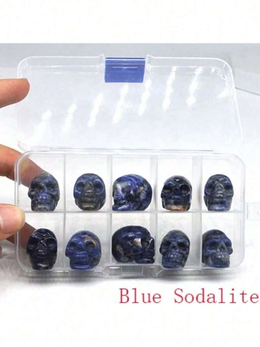 10Pcs/Set Skull Statue Natural Stones Carved Healing Crystals Ornament Reiki Witchcraft Supplies Gemstone Halloween Decor - 藍色方鈉石 - 查看 1