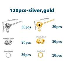 Kit de 60/120 piezas de pendientes de botón con perlas, que incluye postes de pendientes de bola, cierres de mariposa y anillos abiertos para hacer joyas DIY