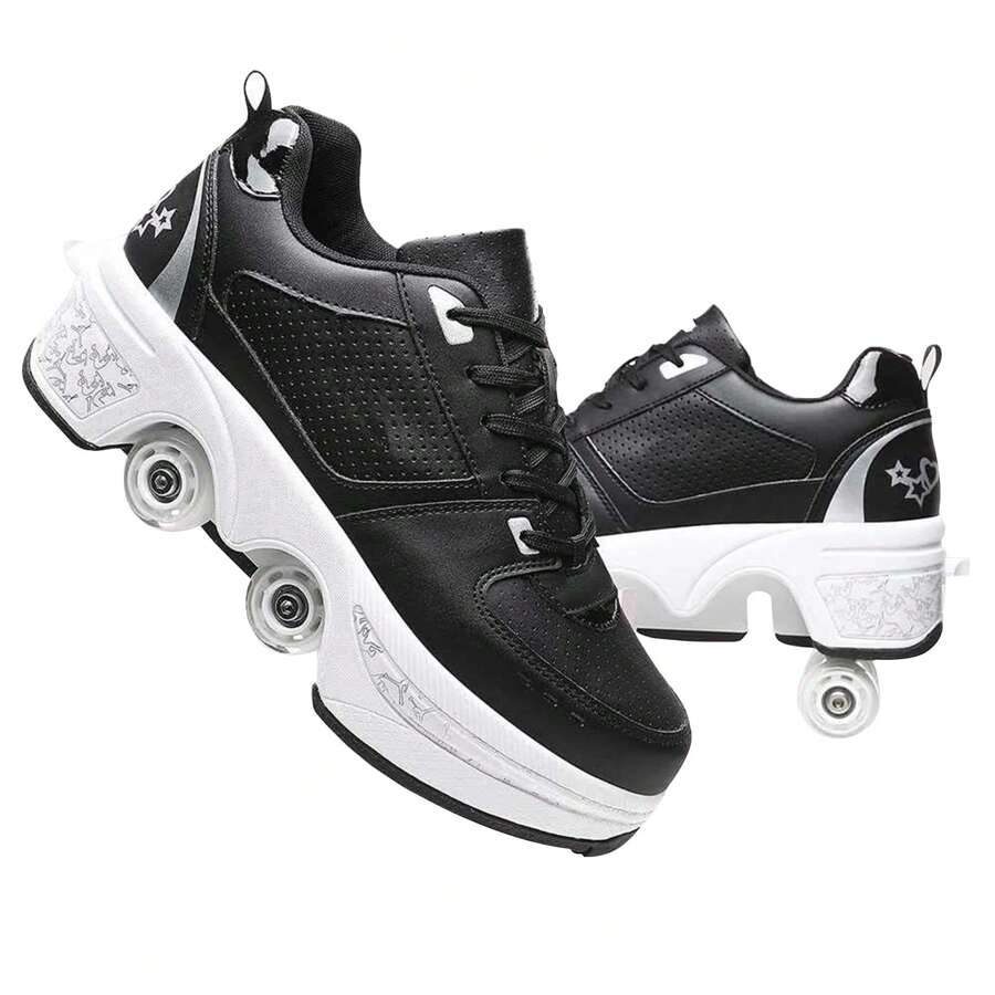 Transformable Roller Skate Shoes,Black Silver Roller Skates Outdoor Sneakers With Double-Row Retractable Wheels Casual Walking Shoes For Teens, Students, Both Boys & Girls - 黑色 - 查看 1