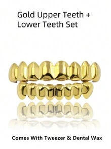 AINTTBY 1pc/2pcs Hip-Hop 18K Gold Plated Teeth Grillz, 8-Teeth Shiny Gold Dental Grills For Halloween Party, Unisex - Multicolor - View 6