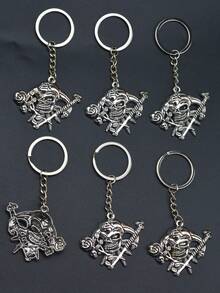 Six Pcs Halloween Gift Scary Demon Head Rose Flower Scepter Key Ring Chain Backpack Decor EDC Gift Retro Silver - Silver - View 1