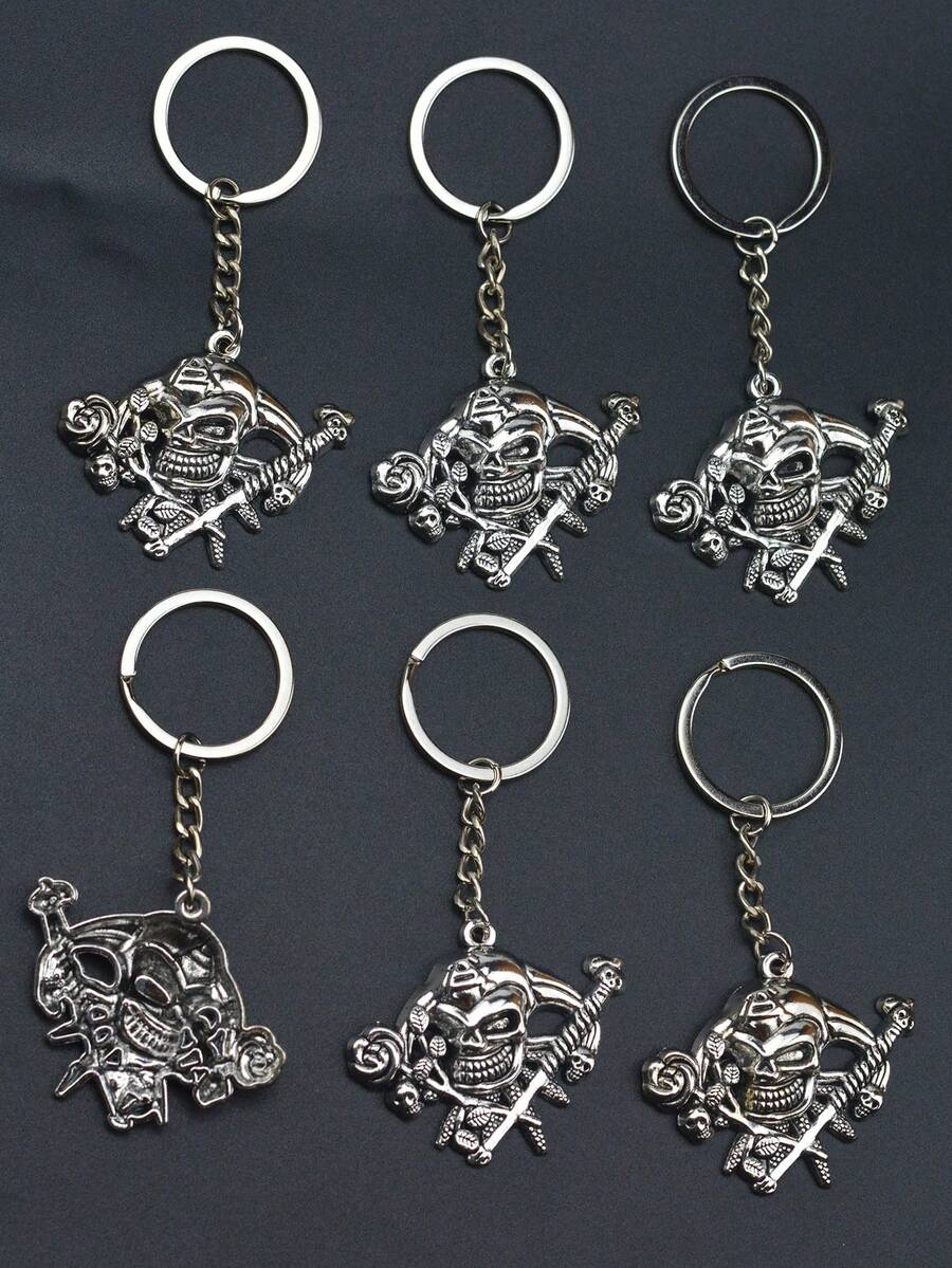 Six Pcs Halloween Gift Scary Demon Head Rose Flower Scepter Key Ring Chain Backpack Decor EDC Gift Retro Silver - Silver - View 1