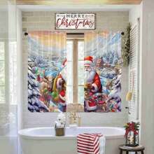 2 peças Cortinas de bolso de poliéster com estampa de rena e papai noel com tema de Natal, adequadas para salas de estar, quartos, salas de estudo, cozinhas, cafés - Decoração multifuncional para casa e artigos para festas, laváveis à máquina - Multicolorido - Ver 7