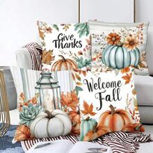 4pcs/1pc Thanksgiving Decorative Pillow Case, Harvest Season Pumpkin & Letter Print Blue Cushion Cover, Thanksgiving Decor Sofa Throw Pillow Sham - Multicolor - View 10