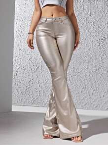 Women's Leather Pants Mid Waist Straight Leg Pant With Pockets Leather Leggings Bell Bottom Flare Pants - Rượu sâm banh - Xem 3
