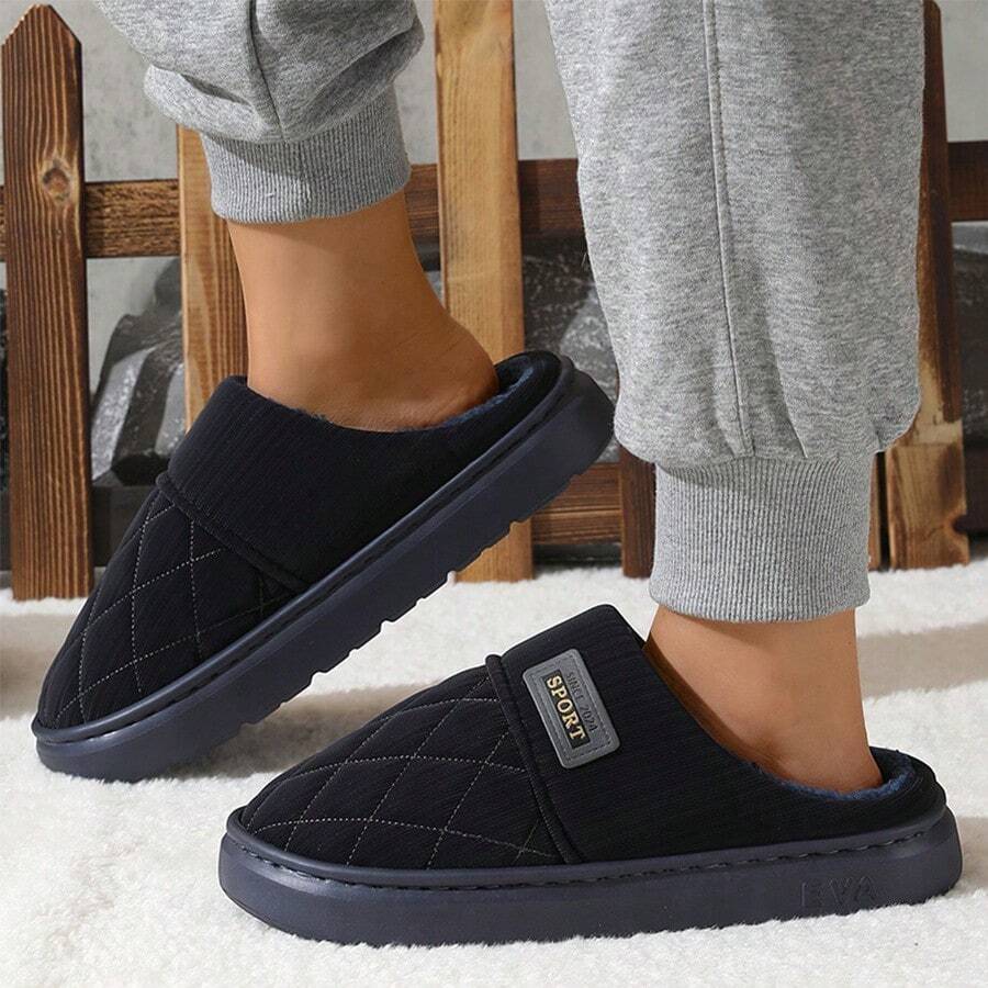 Autumn Winter Plush Slippers For Men, Large Size, Non-Slip, Durable, Warm, Comfortable, Versatile - Black - View 1