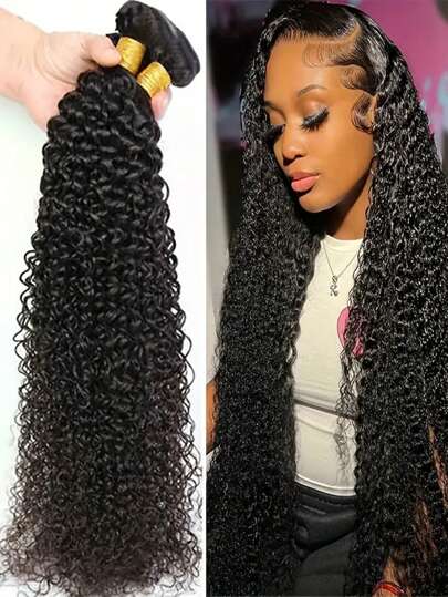 4pcs Kinky Curly Brazilian Human Hair Bundles 12A Unprocessed Remy Human Hair Bundles Weave Hair Human Bundles Brazilian Hair Bundles Natural Black Color Double Weft Extension Human Hair 8-30inch