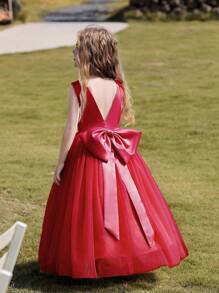 Robe tulle rouge de demoiselle d'honneur pour fille préadolescente, design dos nu et grand nœud, pour Noël/mariage