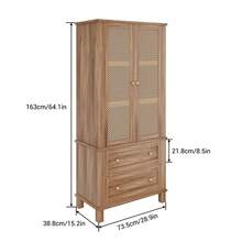 Kitchen Pantry Storage Cabinet,64" Tall Storage Cabinet With Rattan Doors And 2 Drawers,Utility Storage Cabinet With Adjustable Shelves, Freestanding Cupboard For Living Room,Kitchen,Dining Room Hallway - wood color - View 2