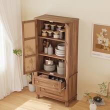 Kitchen Pantry Storage Cabinet,64" Tall Storage Cabinet With Rattan Doors And 2 Drawers,Utility Storage Cabinet With Adjustable Shelves, Freestanding Cupboard For Living Room,Kitchen,Dining Room Hallway - wood color - View 3