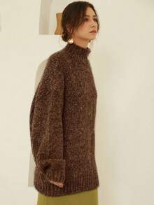 Knit Mix 優雅女款粗針織法式高領長袖毛衣，低調復古硬幣圖案套頭衫，秋季休閒款 - 咖啡棕 - 查看 6