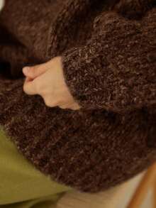 Knit Mix 優雅女款粗針織法式高領長袖毛衣，低調復古硬幣圖案套頭衫，秋季休閒款 - 咖啡棕 - 查看 8