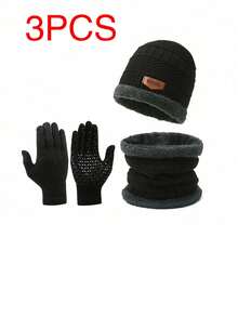 Men Knit Hat Scarf And Gloves 3-Piece Set, Warm Thermal Lined Outdoor Winter Beanie - Black - View 9