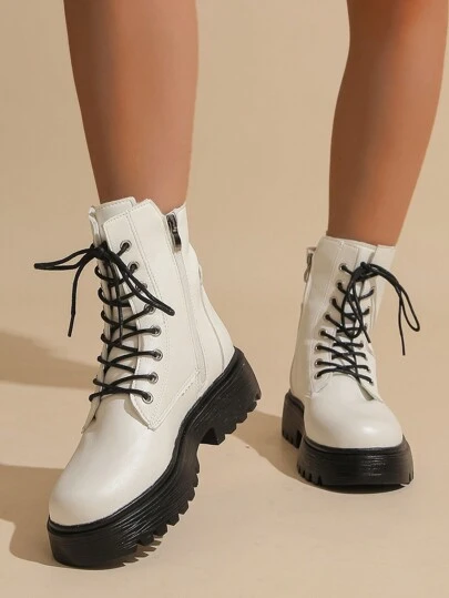 Fashion Match Dress,Women's Autumn/Winter New Round-Toe Lace-Up Chunky Heel Motorcycle Boots, White, Fashionable Unisex British Style Combat Ankle Boots,Boots For Women