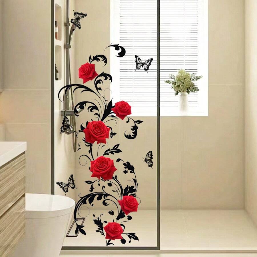 玫瑰花和蝴蝶浴室门墙贴、浴缸贴花、卧室背景粘性壁纸