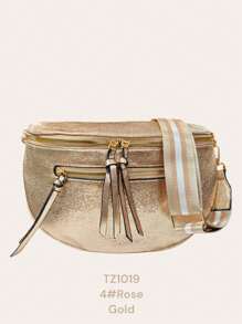 Fashionable Casual PU Leather Crossbody Bag With Zipper & Wide Webbing Strap - Rose Gold - View 3
