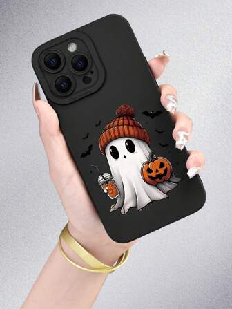 1pc Cute Ghost Graphic And Funny 2D Pattern Suitable As Thanksgiving Or Halloween Gift For Friends, Family, Couple, Yourself - Black Matte Soft Protective Case Compatible With Apple, Samsung