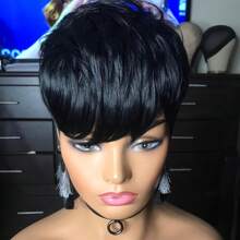 Human Hair Wig Short Bob Pixie Cut Wigs For Women Straight Brazilian Remy Hair Machine Made Wig With Bangs - Natural Black - View 4