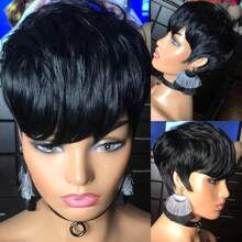Human Hair Wig Short Bob Pixie Cut Wigs For Women Straight Brazilian Remy Hair Machine Made Wig With Bangs - Natural Black - View 5