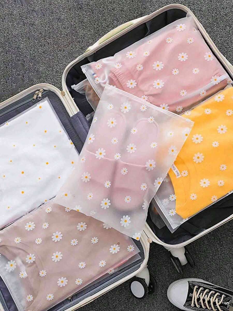 带花朵图案的透明储物袋磨砂拉链塑料袋，用于保持衣物清洁，运输包装袋，塑料密封袋，用于包装 T 恤衫、衬衫、化妆品、文件，塑料服装袋，医院袋，宿舍必需品，学校旅行必需品，家庭大学露营，户外度假收纳袋，衣柜收纳袋，卧室衣物收纳袋，家居 - 彩色 - 查看 1