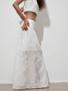 (1 pieza) Falda midi de línea A con bordado floral calado vintage, elegante y refinada, sin chaleco incluido