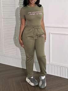 LovelyWholesale Women'S Casual Round Neck Letter Printed Short Sleeved Top And Drawstring Pants Set For Autumn Clothing For Women