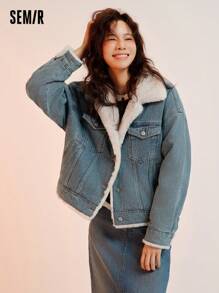 SEMIR Veste en jean ample en fausse fourrure de lapin pour femme, pour l'hiver - Bleu ciel - Voir 2