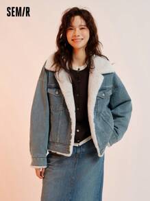 SEMIR Veste en jean ample en fausse fourrure de lapin pour femme, pour l'hiver - Bleu ciel - Voir 1