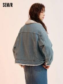 SEMIR Veste en jean ample en fausse fourrure de lapin pour femme, pour l'hiver - Bleu ciel - Voir 3