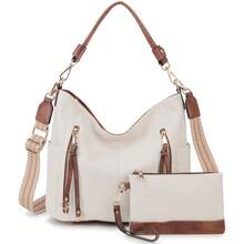 2pcs Women's Large Capacity Tote Bag Purse Set, Fashionable Solid Color Shoulder Bags With Removable Strap, Vintage Leather Hobo Bags, Stylish Artificial Leather Handbags, Perfect For Work, Business, Commute, And College, Ideal Gift For Teen Girls, Women, And Office Workers , Great For Travel, School, Perfect Holiday Gift For Christmas & Thanksgiving