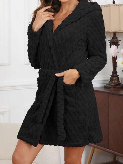 Plush Hooded Robe With Belt, Casual Loungewear, Cross-Border E-Commerce, For Fall Winter, Cozy Outfit, Fluffy