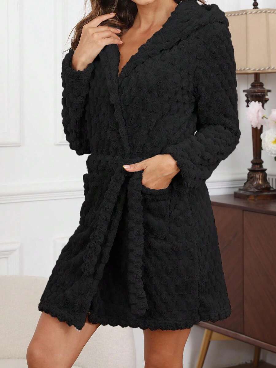 Plush Hooded Robe With Belt, Casual Loungewear, Cross-Border E-Commerce, For Fall Winter, Cozy Outfit, Fluffy