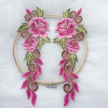 1 Pair Pink Metallic Thread Water Soluble Embroidered Floral Patches, For Wedding Dress And Garment Decoration