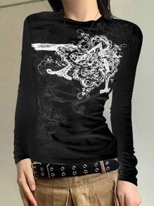 تي شيرت تيشيرت أكمام طويلة بياقة طاقم لنساء، طراز كاجوال ملائم، لون أحادي مطبوع بطراز عتيق